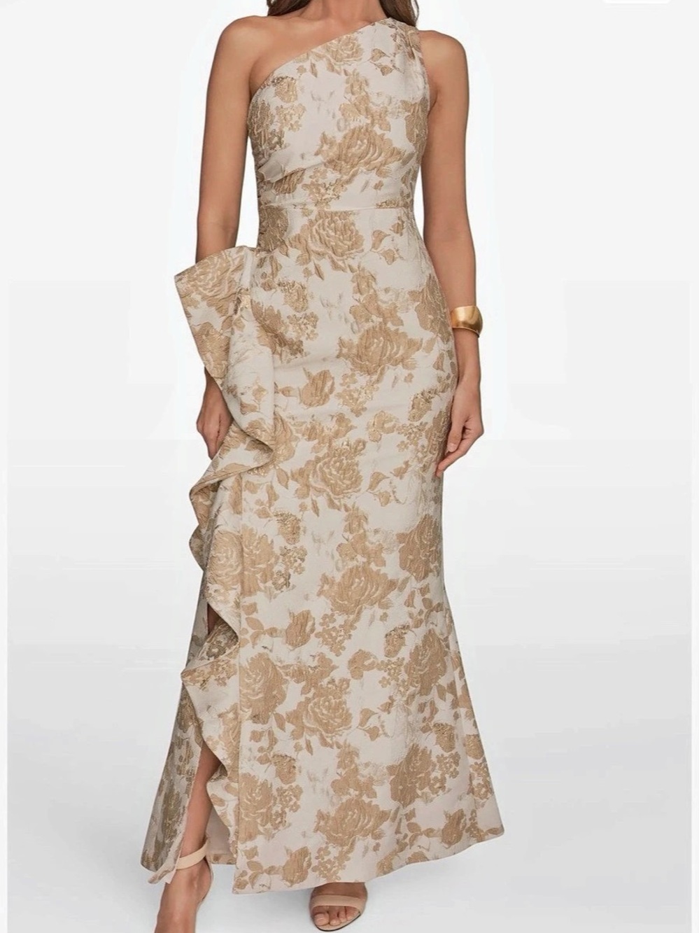 Donna Karan NY One-Shoulder Gold Metallic Floral Jacquard Ruffle Gown 12 NEW